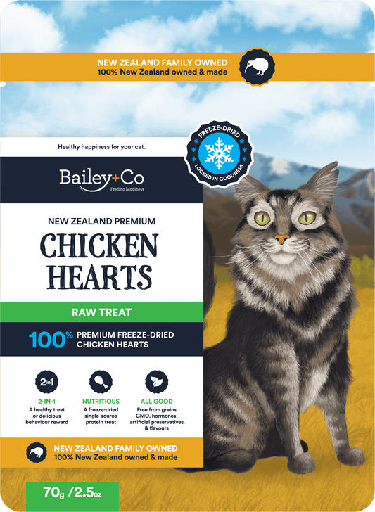Bailey + Co Bailey+Co Freeze Dried NZ Premium Chicken Heart Raw Cat Treat - 70g - Freeze Dried - Bag - Warkworth