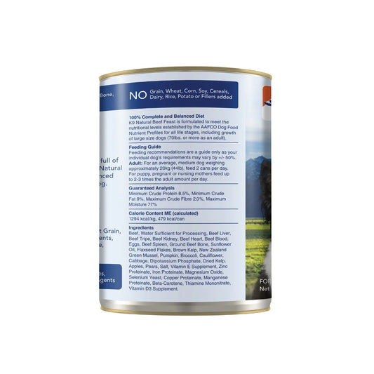 K9 Natural Beef Feast Can - 370g - Tuck In Healthy Pet Food & Animal Natural Health Supplies