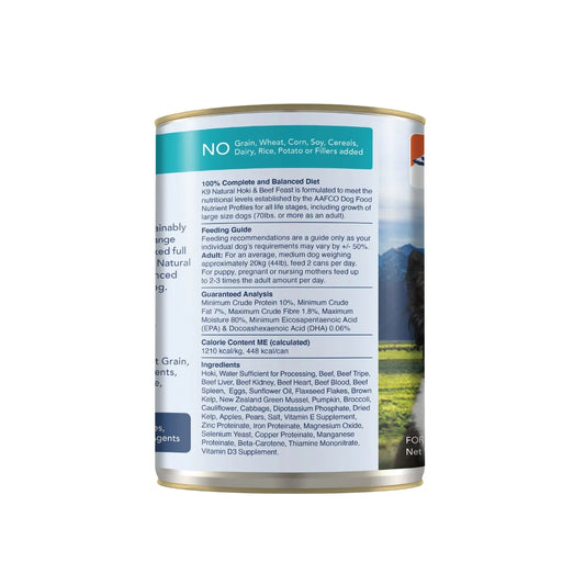 K9 Natural Hoki & Beef Feast Can - 370g - Tuck In Healthy Pet Food & Animal Natural Health Supplies