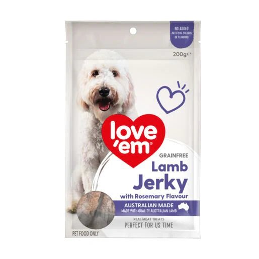 love'em Grain Free Lamb Jerky with Rosemary Dog Treats 200g - Tuck In Healthy Pet Food & Animal Natural Health Supplies