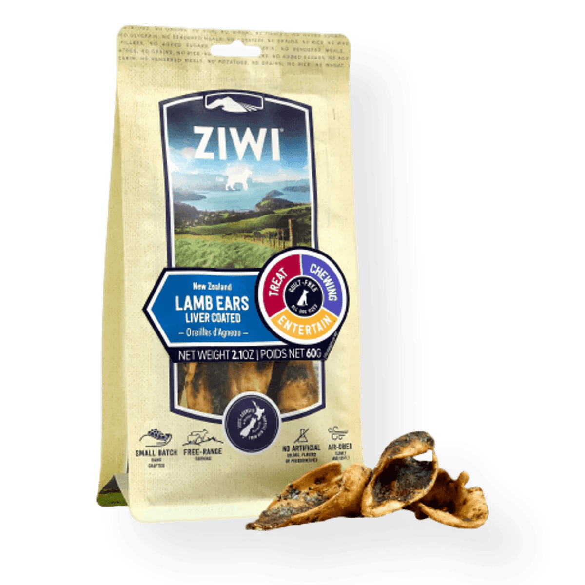ZIWI Peak® Air-Dried Lamb Ears - Liver Coated Chews for dogs - Single Protein - 60g bag - Three Ears on Display - Warkworth