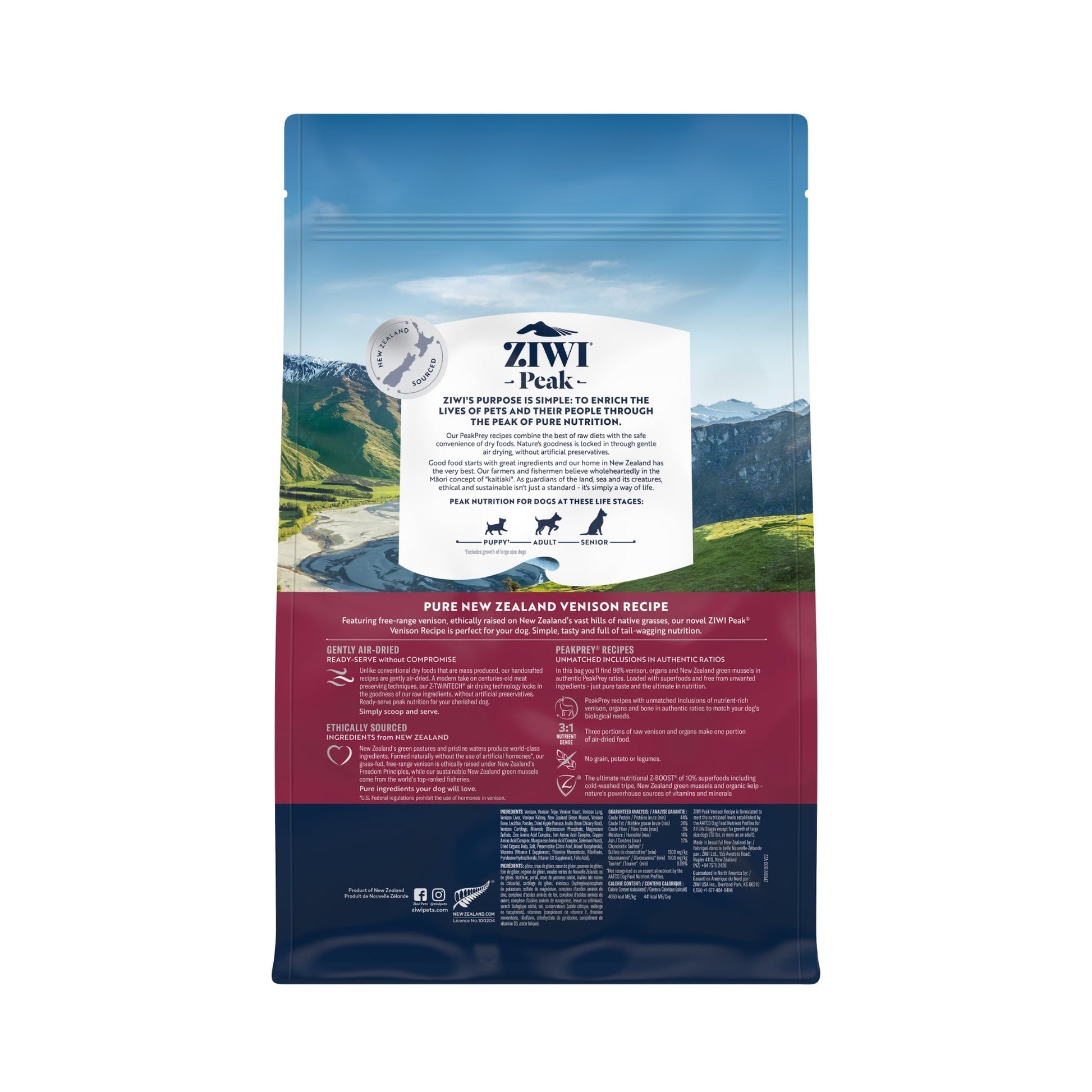 ZIWI Peak® Original Series Air-Dried Venison Recipe for Dogs - 1kg bag - package front - Warkworth - Raw Alternative Topper