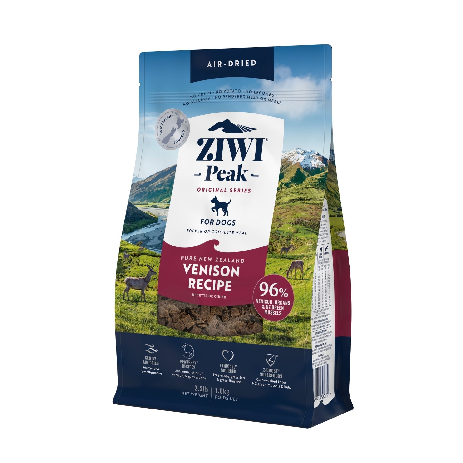 ZIWI Peak® Original Series Air-Dried Venison Recipe for Dogs - 1kg bag - right angle - Warkworth - Raw Alternative or Topper