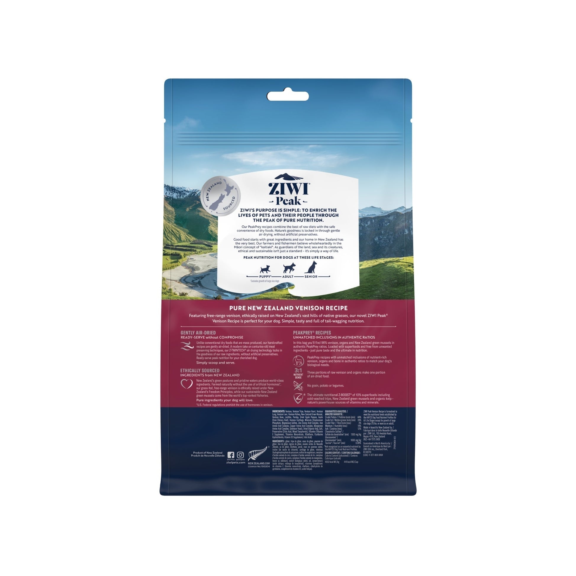 ZIWI Peak® Original Series Air-Dried Venison Recipe for Dogs - 454g bag - package back - Warkworth - Raw Alternative Topper