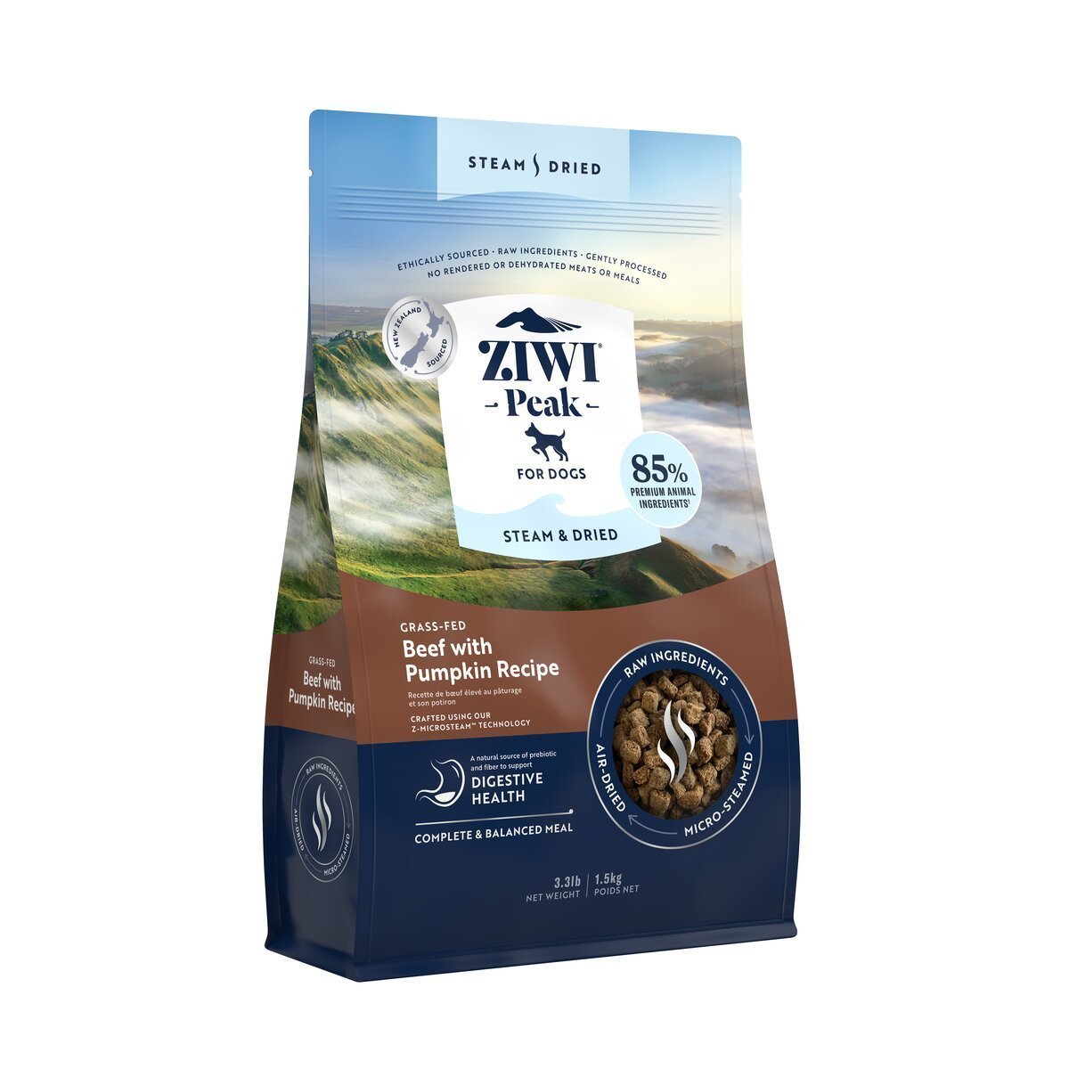 ZIWI Peak® Steam & Dried Beef with Pumpkin for dogs - Dry - 1.5kg Bag Left Angle - Warkworth - Healthy Raw Alternative