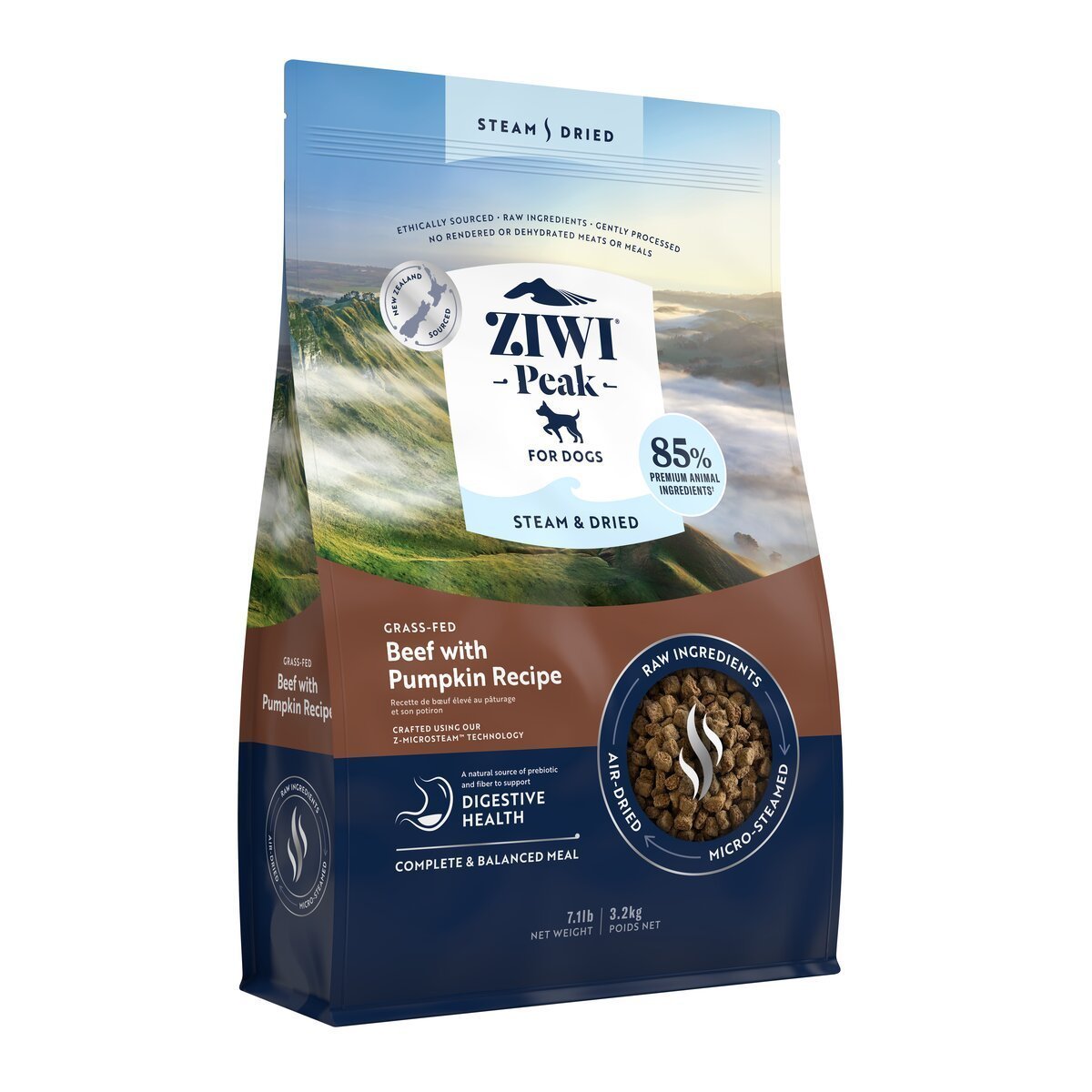 ZIWI Peak® Steam & Dried Beef with Pumpkin for dogs - Dry - 3.2kg Bag Left Angle - Warkworth - Healthy Raw Alternative