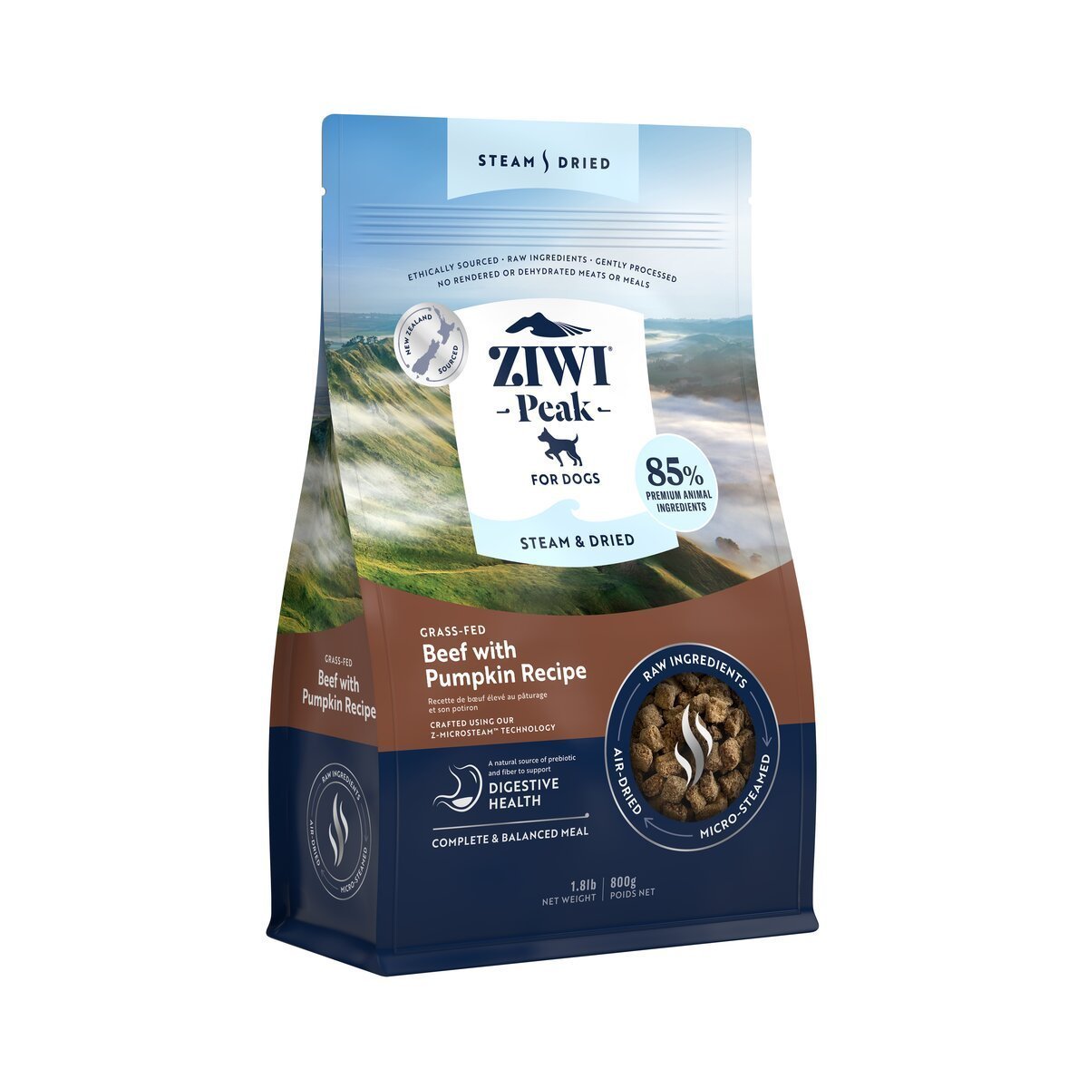 ZIWI Peak® Steam & Dried Beef with Pumpkin for dogs - Dry - 800g Bag Left Angle - Warkworth - Healthy Raw Alternative