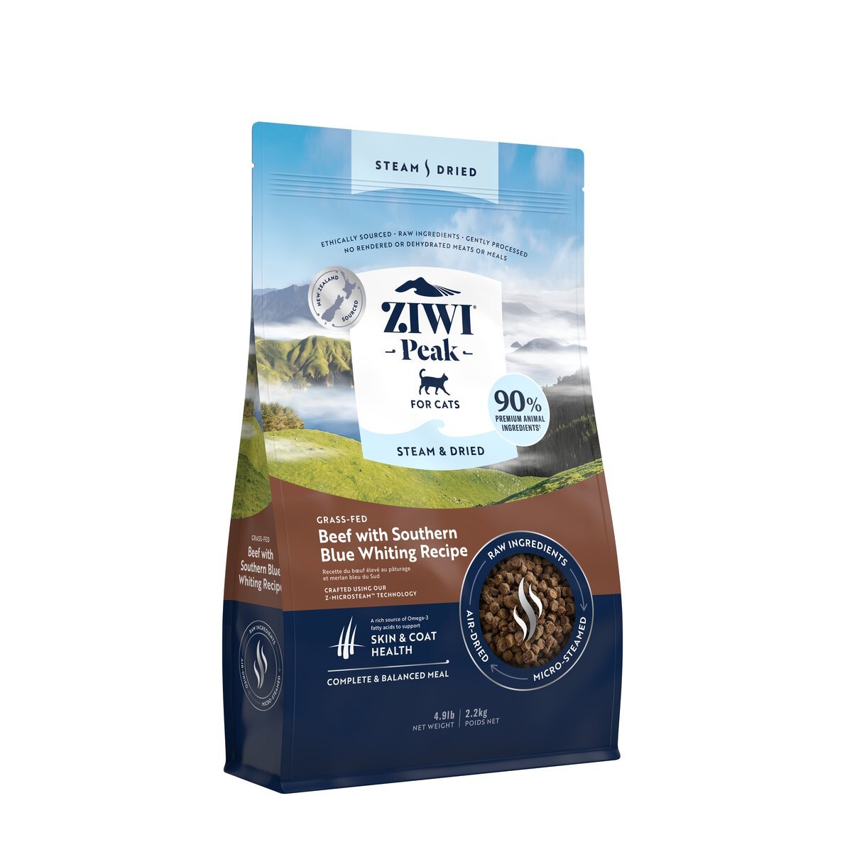 ZIWI Peak® Steam & Dried Beef with Southern Blue Whiting for cats - Dry - 2.2kg Bag Left Angle - Warkworth - Raw Alternative