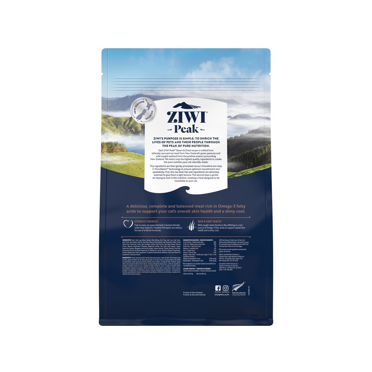 ZIWI Peak® Steam & Dried Beef with Southern Blue Whiting for cats - Dry - 800g Bag Back- Warkworth - Healthy Raw Alternative