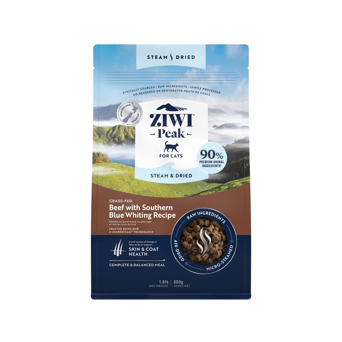 ZIWI Peak® Steam & Dried Beef with Southern Blue Whiting for cats - Dry - 800g Bag Front - Warkworth - Raw Alternative