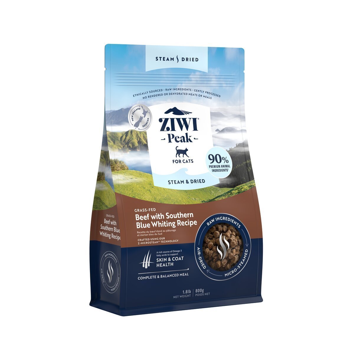 ZIWI Peak® Steam & Dried Beef with Southern Blue Whiting for cats - Dry - 800g Bag Left Angle - Warkworth - Raw Alternative