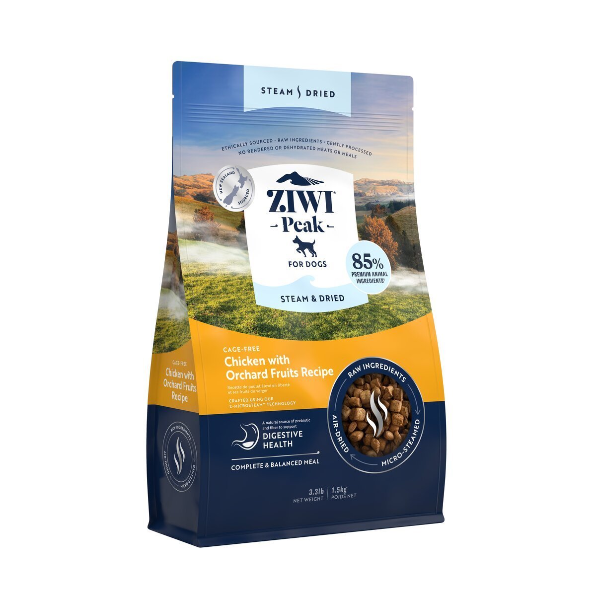 ZIWI Peak® Steam & Dried Chicken with Orchard Fruit - Food - Dry - 1.5kg Bag Left Angle- Warkworth - Healthy Raw Alternative