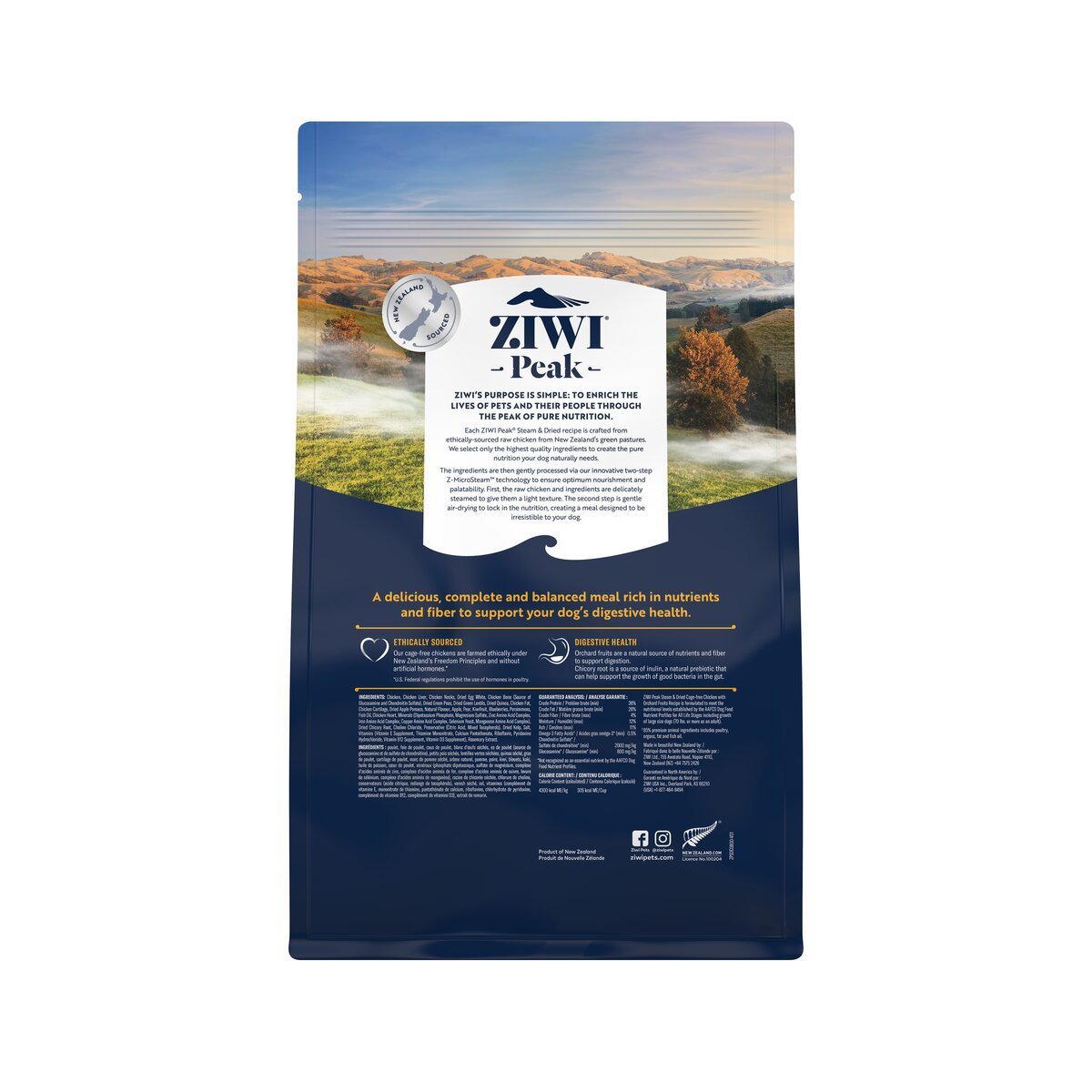 ZIWI Peak® Steam & Dried Chicken with Orchard Fruit - Food - Dry - 800g Bag Back- Warkworth - Healthy Raw Alternative