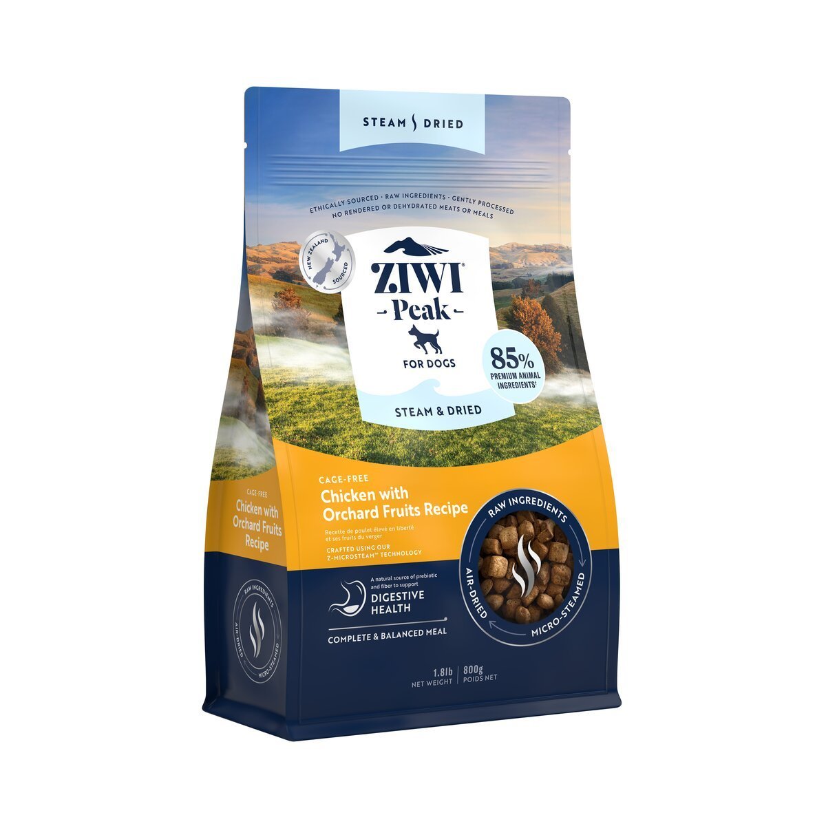 ZIWI Peak® Steam & Dried Chicken with Orchard Fruit - Food - Dry - 800g Bag Left Angle- Warkworth - Healthy Raw Alternative
