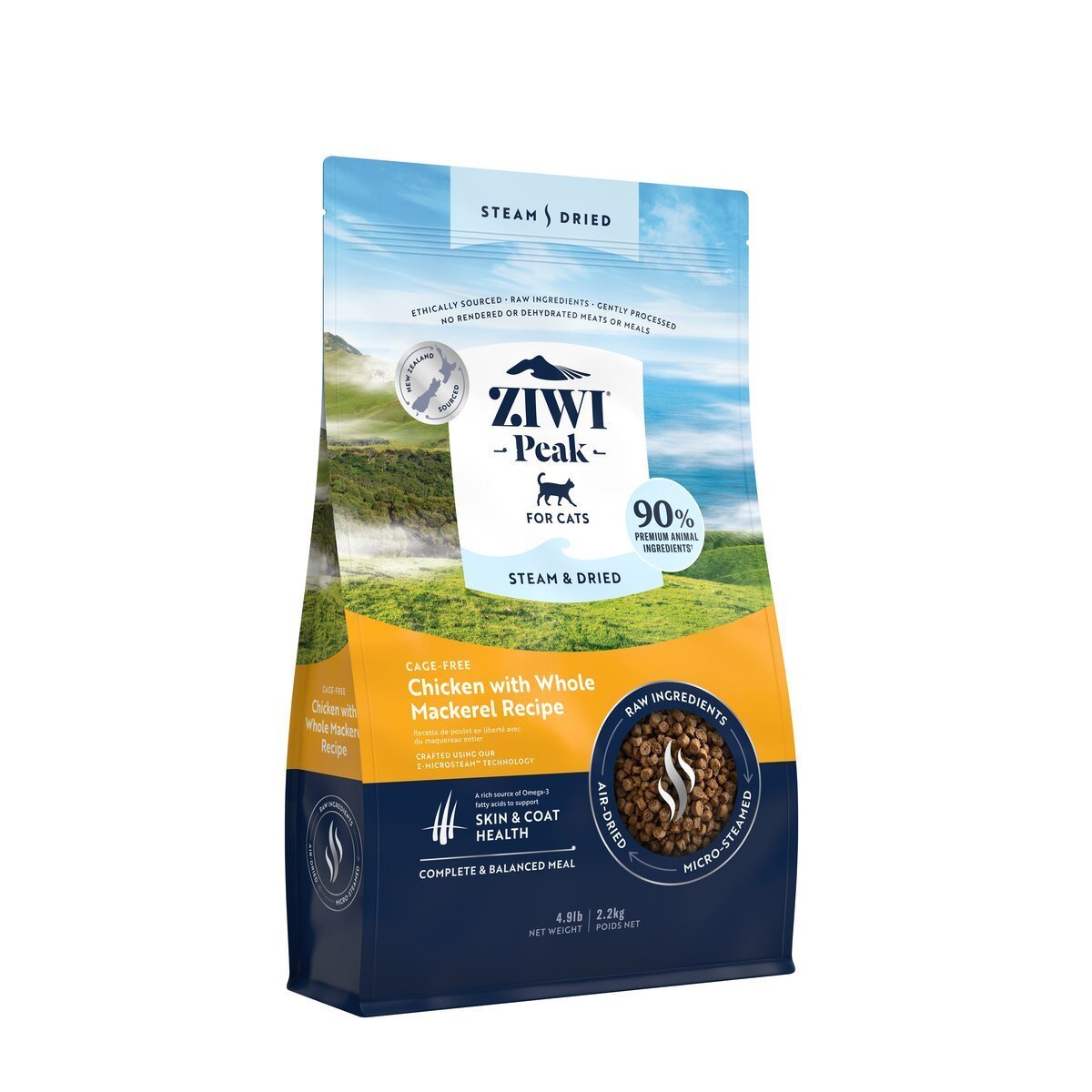 ZIWI Peak® Steam & Dried Chicken with Whole Mackerel for cats - Dry - 2.2kg Bag Left Angle - Warkworth - Raw Alternative