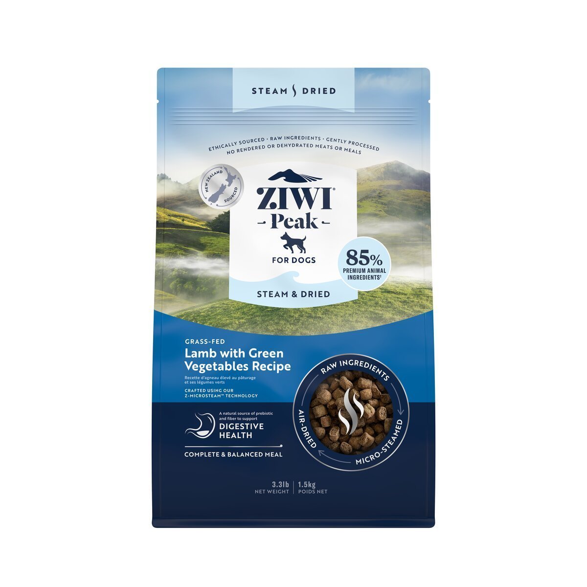 ZIWI Peak® Steam & Dried Lamb with Green Vegetables for dogs - Dry - 1.5kg Bag Front - Warkworth - Healthy Raw Alternative