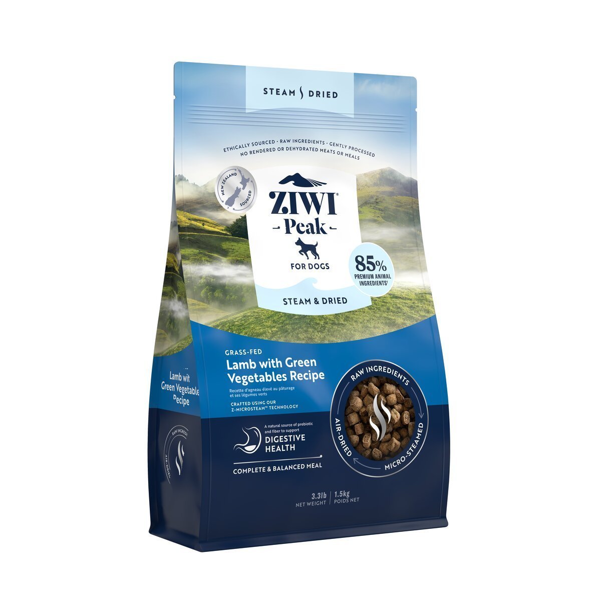 ZIWI Peak® Steam & Dried Lamb with Green Vegetables for dogs - Dry - 1.5kg Bag Left Angle - Warkworth - Raw Alternative