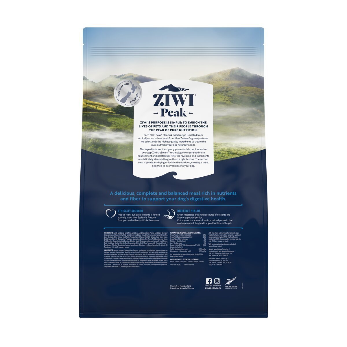 ZIWI Peak® Steam & Dried Lamb with Green Vegetables for dogs - Dry - 3.2kg Bag Back- Warkworth - Healthy Raw Alternative