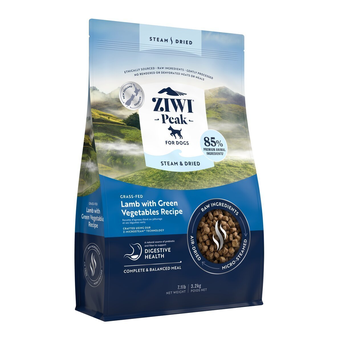 ZIWI Peak® Steam & Dried Lamb with Green Vegetables for dogs - Dry - 3.2kg Bag Left Angle - Warkworth - Raw Alternative