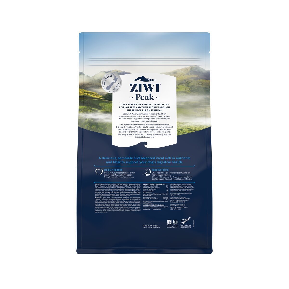 ZIWI Peak® Steam & Dried Lamb with Green Vegetables for dogs - Dry - 800g Bag Back- Warkworth - Healthy Raw Alternative