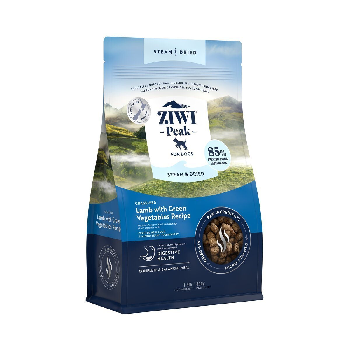 ZIWI Peak® Steam & Dried Lamb with Green Vegetables for dogs - Dry - 800g Bag Left Angle - Warkworth - Raw Alternative
