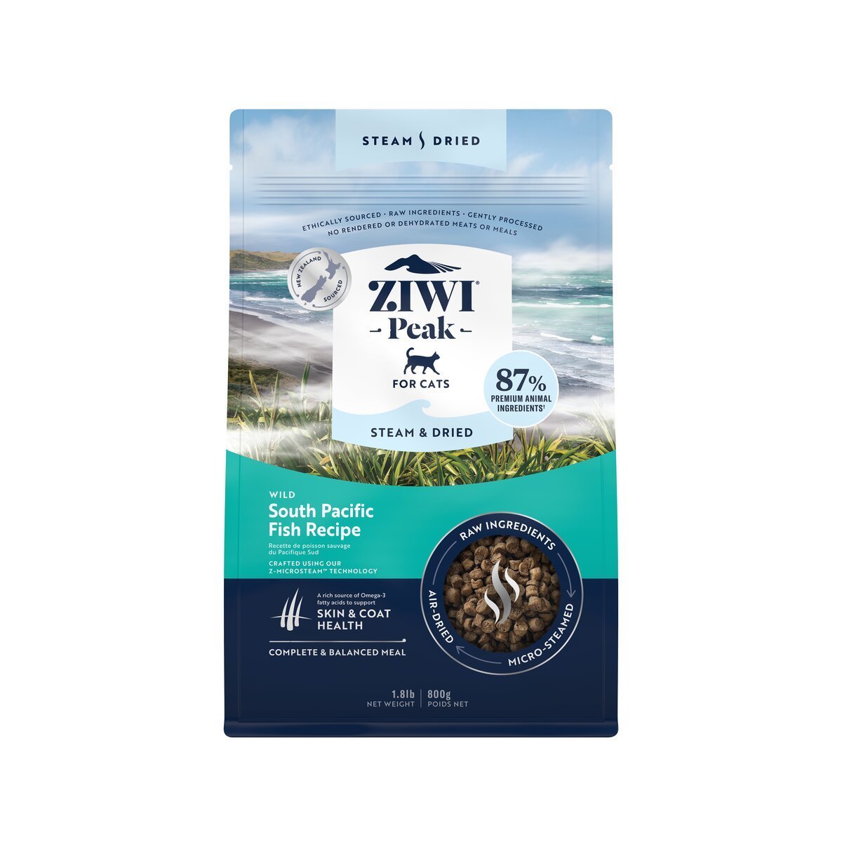 ZIWI Peak® Steam & Dried Wild South Pacific Fish for cats - Dry - 800g Bag Front - Warkworth - Healthy Raw Alternative