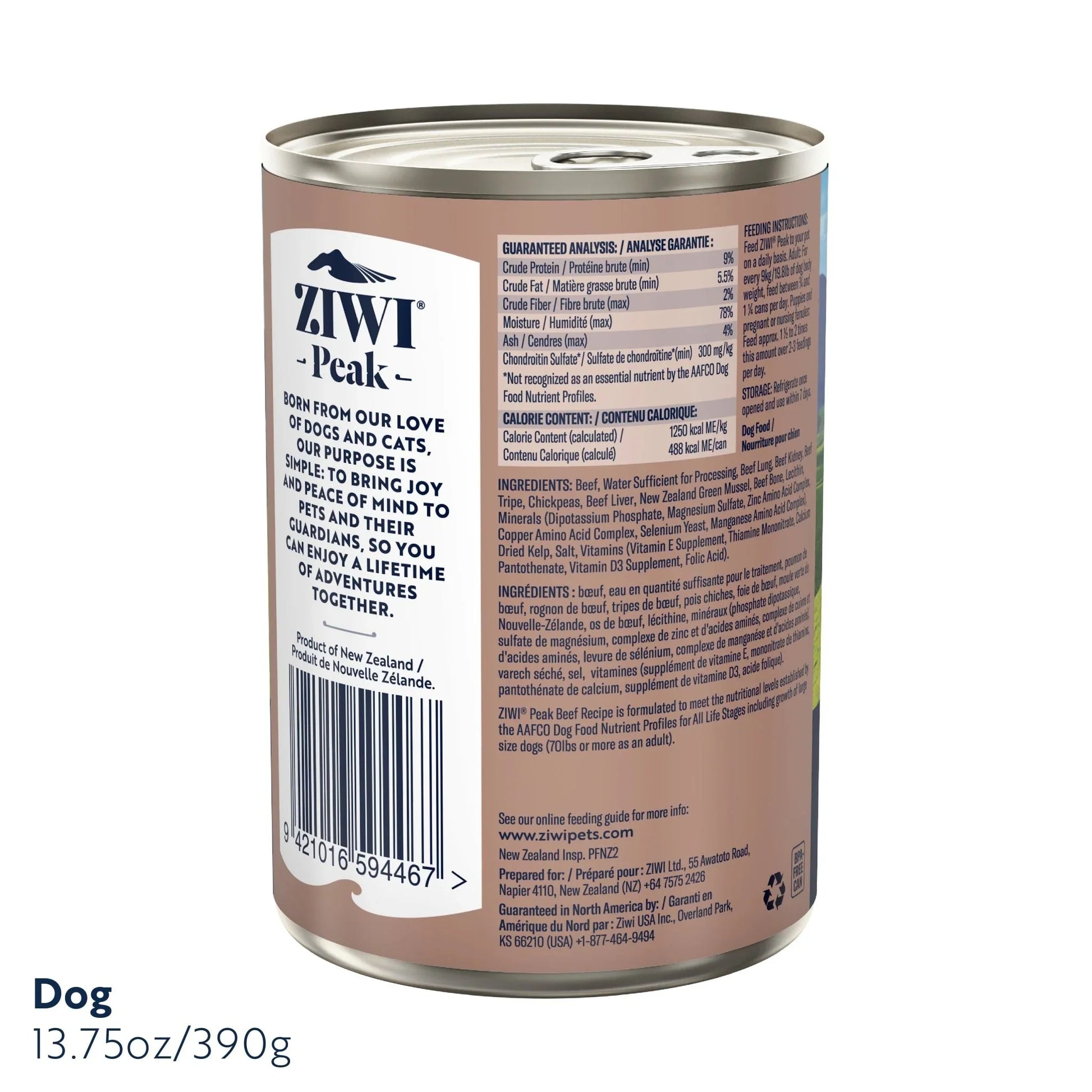 ZIWI Peak® Wet Original Series Beef Recipe for dogs - Food - 390g Can Back - Warkworth - Complete and Balanced Meal