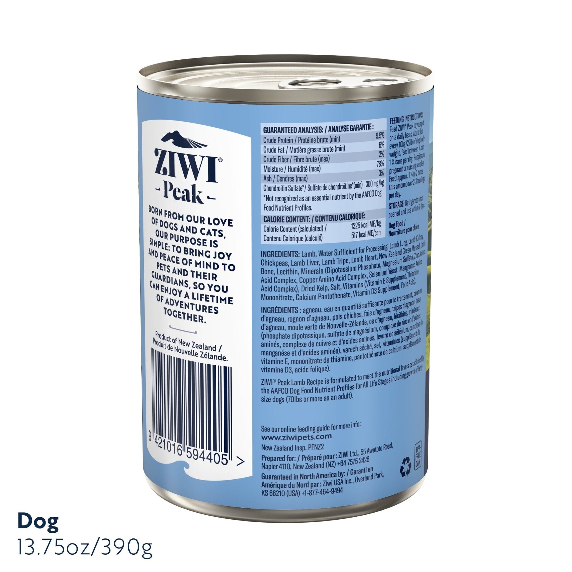 ZIWI Peak® Wet Original Series Lamb Recipe for dogs - Food - 390g Can Back - Warkworth - Complete and Balanced Meal