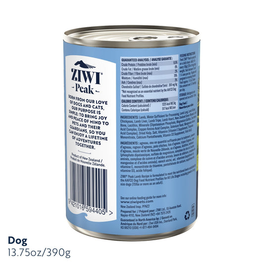 ZIWI Peak® Wet Original Series Lamb Recipe for dogs - Food - 390g Can Back - Warkworth - Complete and Balanced Meal