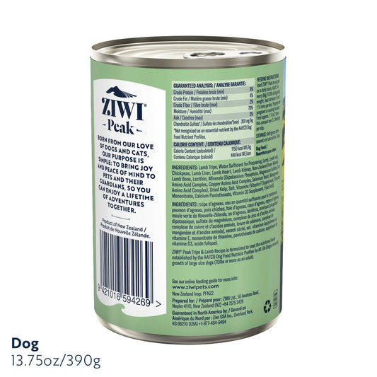 ZIWI Peak® Wet Original Series Tripe & Lamb Recipe for dogs - Food - 390g Can Back - Warkworth - Complete and Balanced Meal