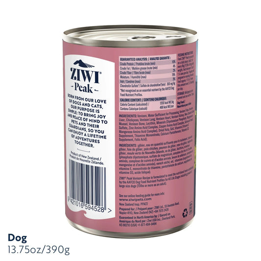 ZIWI Peak® Wet Original Series Venison Recipe for dogs - Food - 390g Can Back - Warkworth - Complete and Balanced Meal