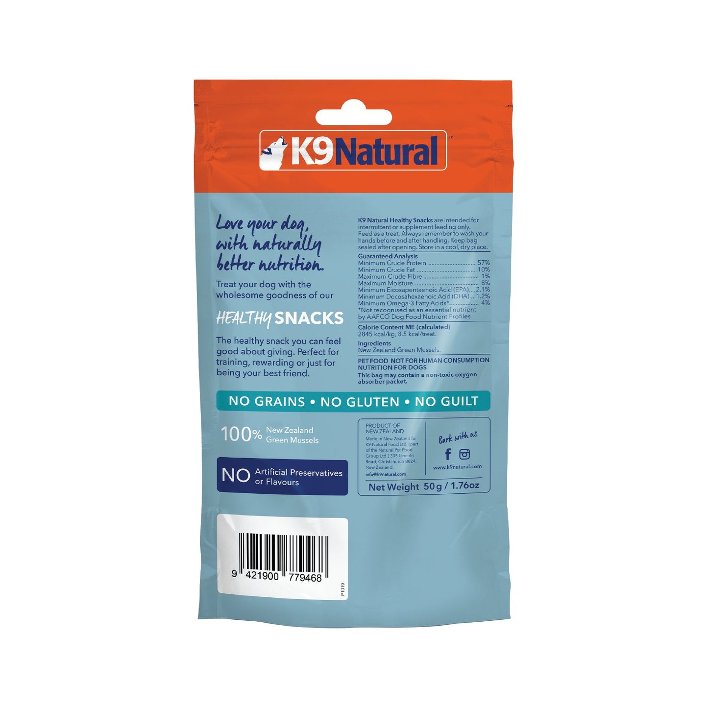K9 Natural Grain-Free Freeze-Dried Dog Treats, New Zealand Green Lipped Mussel Bites 50g - Tuck In Healthy Pet Food & Animal Natural Health Supplies