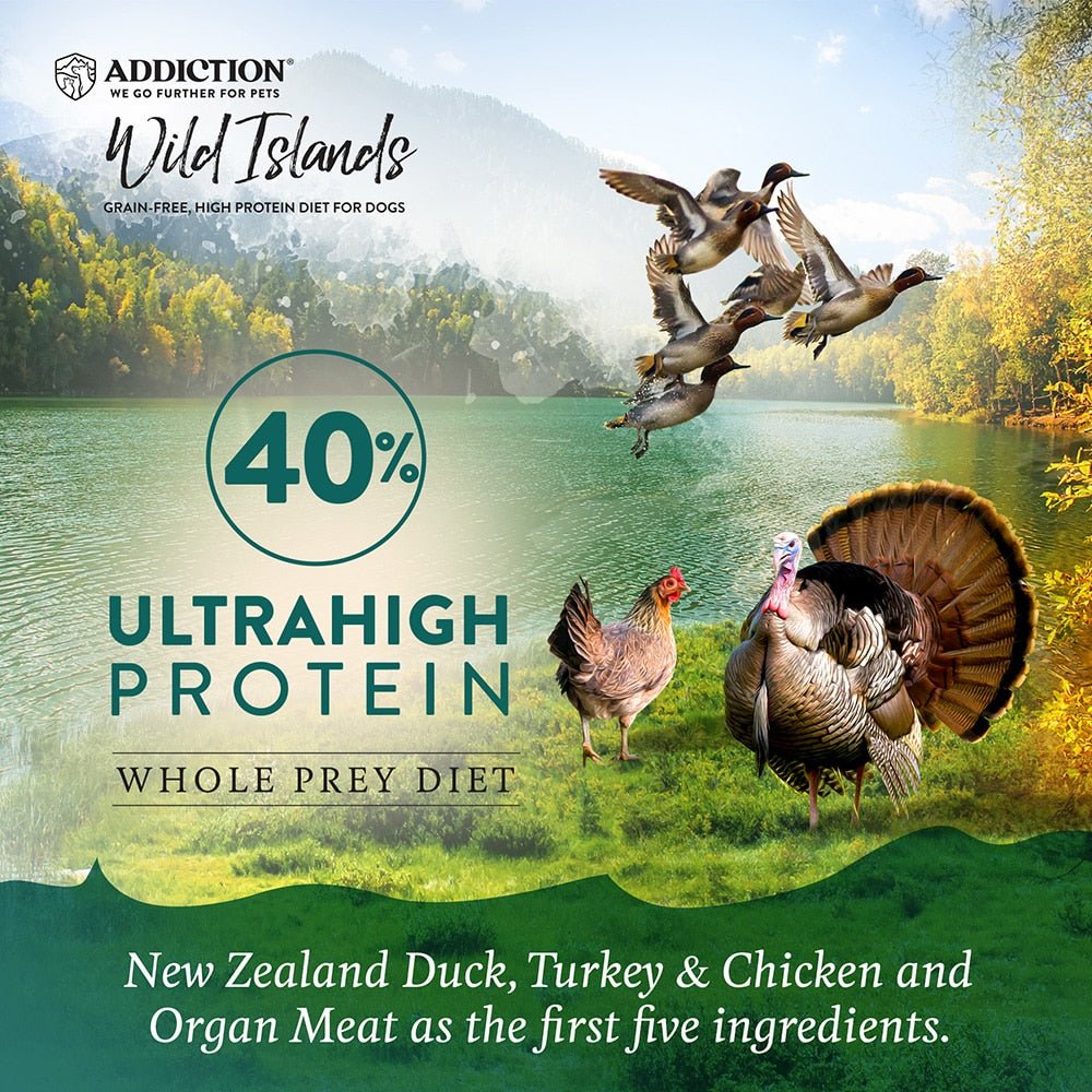 Addiction Wild Islands - Island Birds, High Protein, Duck, Turkey & Chicken-First Whole Prey Dry Dog Food - Tuck In Healthy Pet Food & Animal Natural Health Supplies