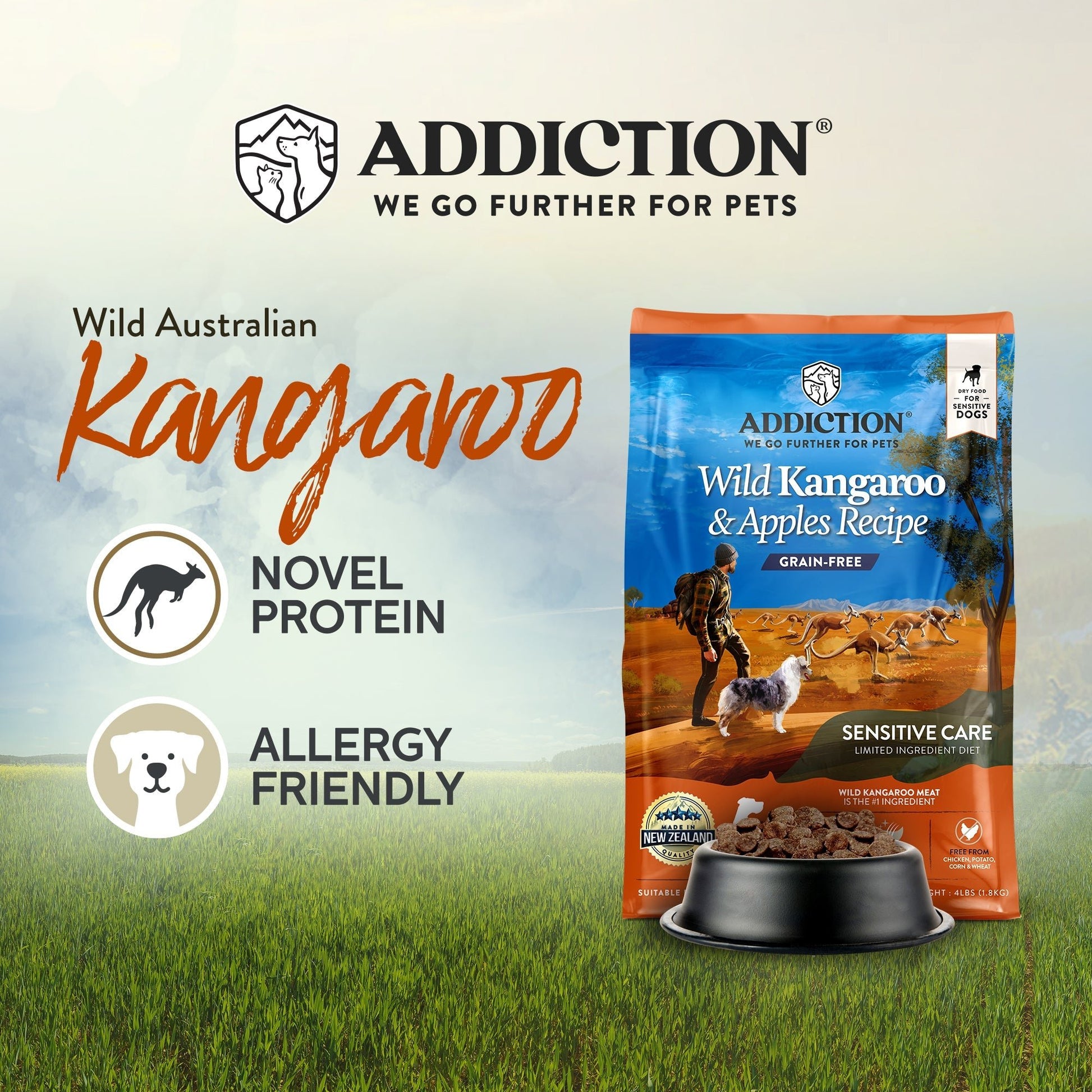 Addiction Wild Kangaroo & Apples, Sensitive Care, Novel Protein Dry Dog Food - Dry - 9kg Bag - Warkworth