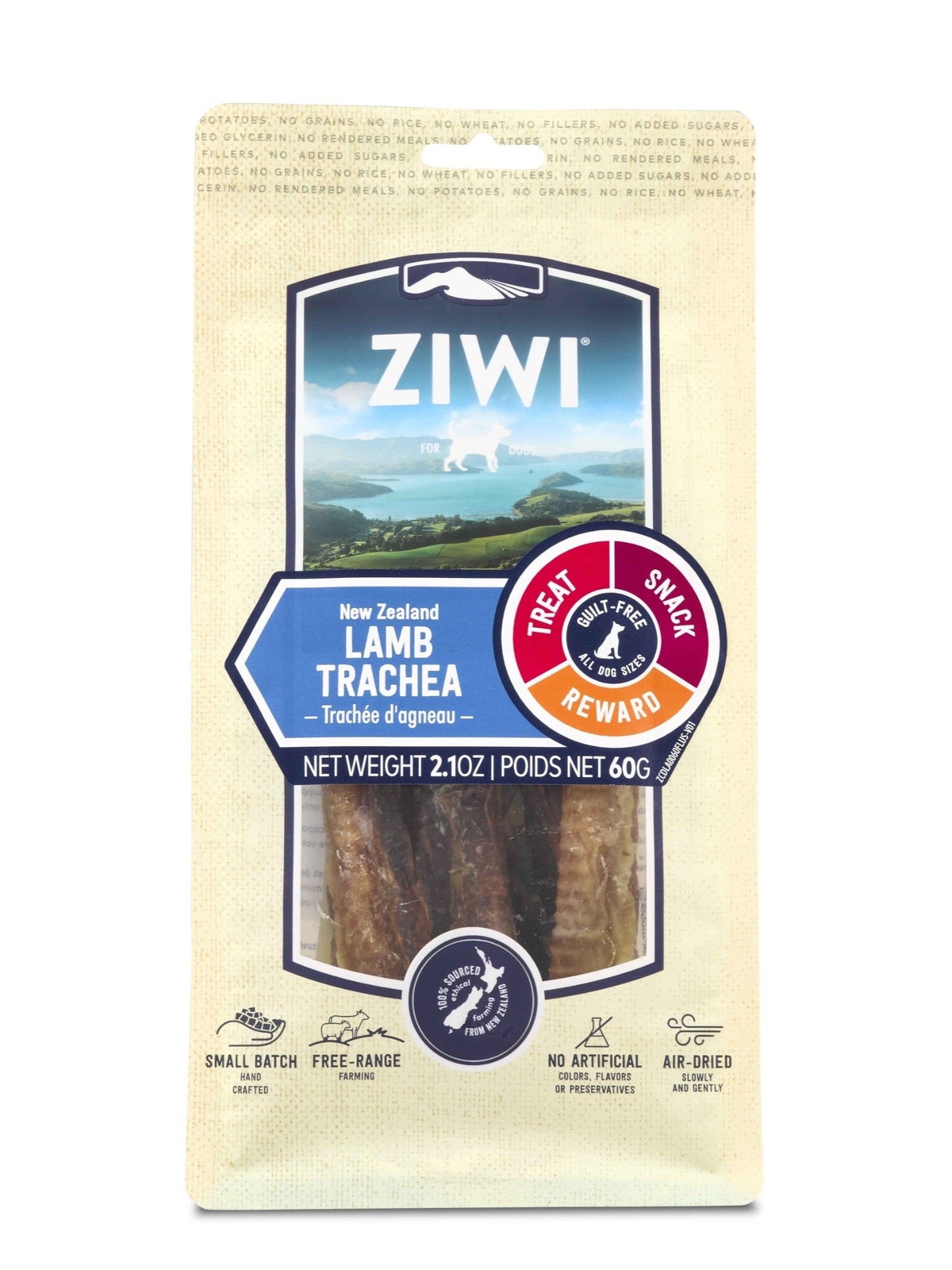 ZIWI Peak® Air-Dried Lamb Trachea - Dental Chews for dogs - single protein - ethically sourced - 60g bag - front - Warkworth