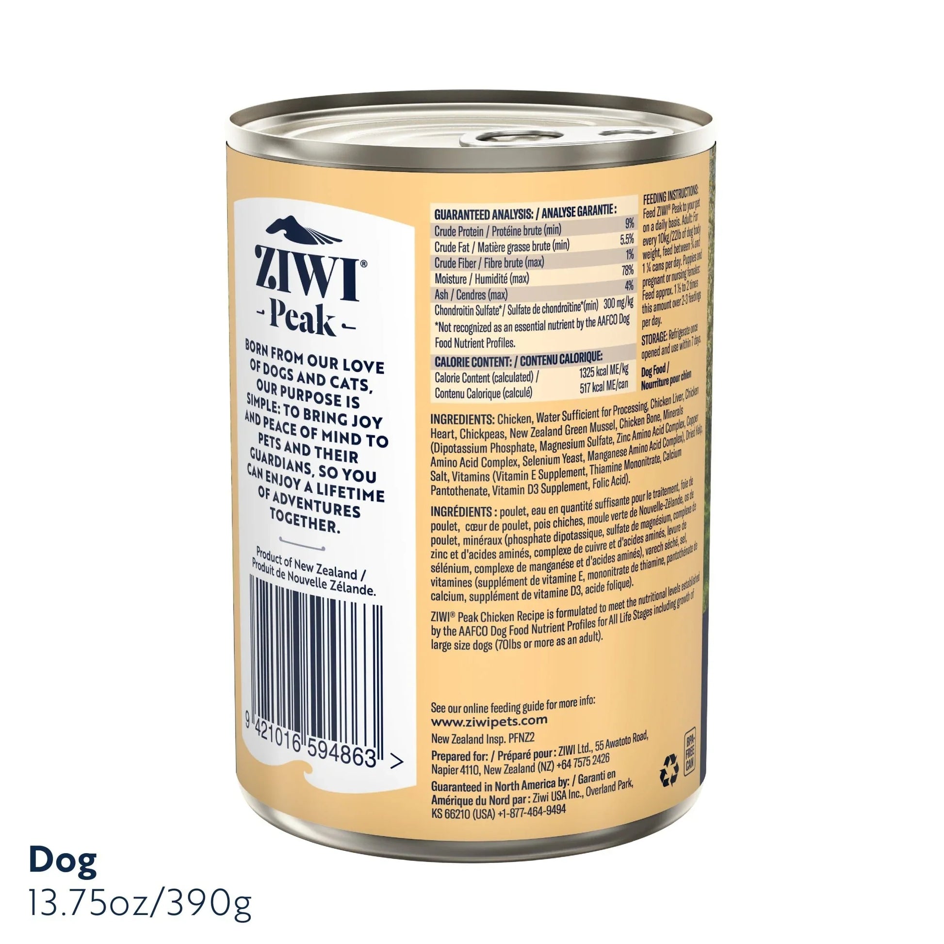 ZIWI Peak® Wet Original Series Chicken Recipe for dogs- Food - 390g Can Back- Warkworth - Complete and Balanced Meal