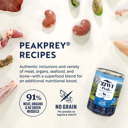 ZIWI Peak® Wet Original Series Lamb Recipe for dogs- Food - 390g Can - Peakprey Grain Free Fish & Green Mussel -Warkworth