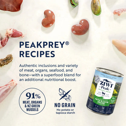 ZIWI Peak® Wet Original Series Tripe & Lamb Recipe for dogs- Food - 390g Can - Peakprey Grain Free & Green Mussel -Warkworth