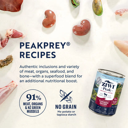 ZIWI Peak® Wet Original Series Venison Recipe for dogs- Food - 390g Can - Peakprey Grain Free Fish & Green Mussel -Warkworth