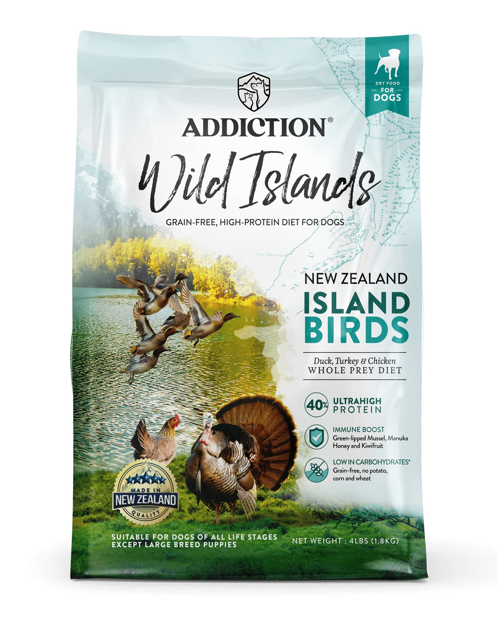 Addiction Wild Islands - Island Birds, High Protein, Duck, Turkey & Chicken-First Whole Prey Dry Dog Food - Tuck In Healthy Pet Food & Animal Natural Health Supplies