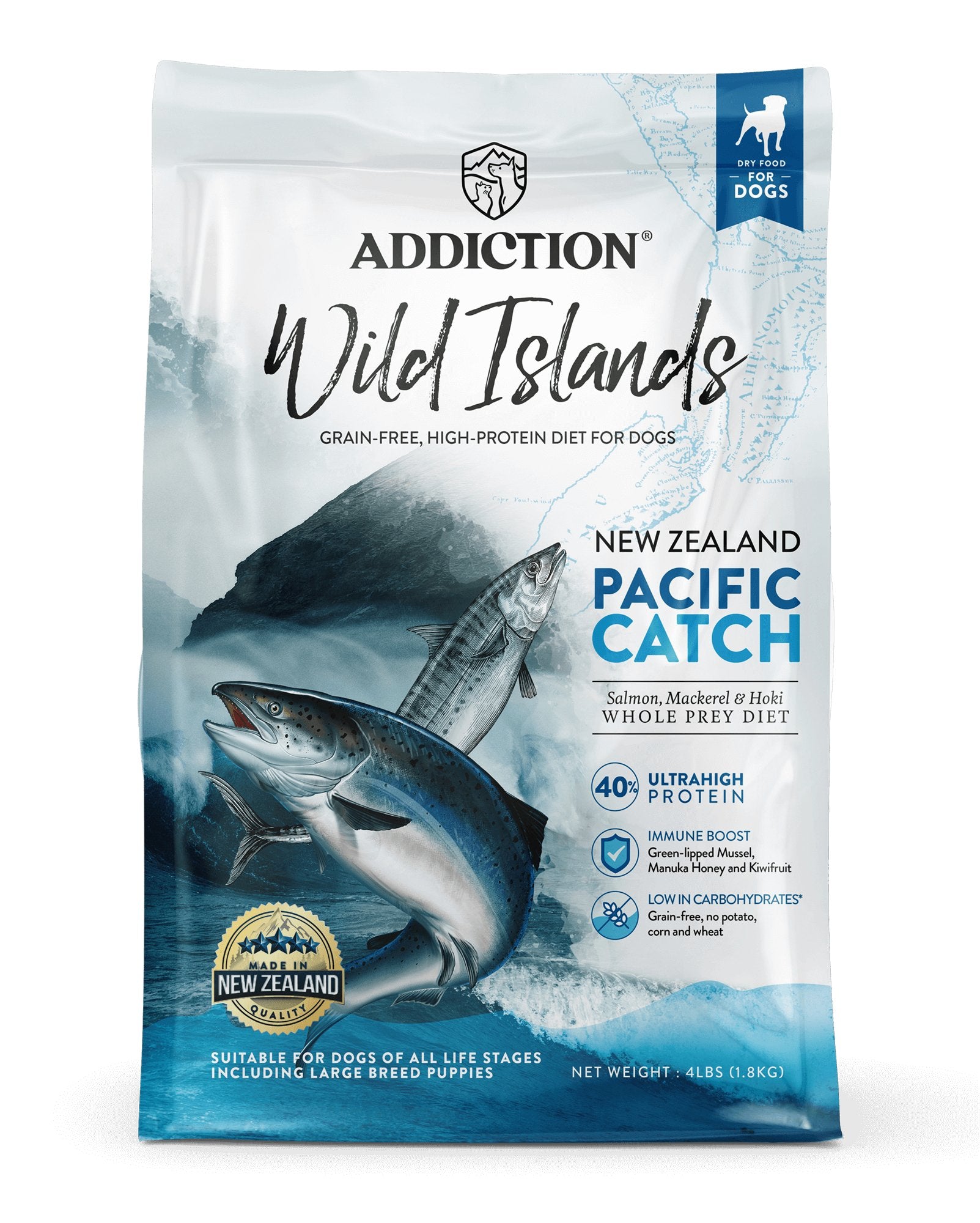 Addiction Wild Islands Pacific Catch, High Protein, Salmon, Mackerel & Hoki-First Whole Prey Dry Dog Food - Tuck In Healthy Pet Food & Animal Natural Health Supplies