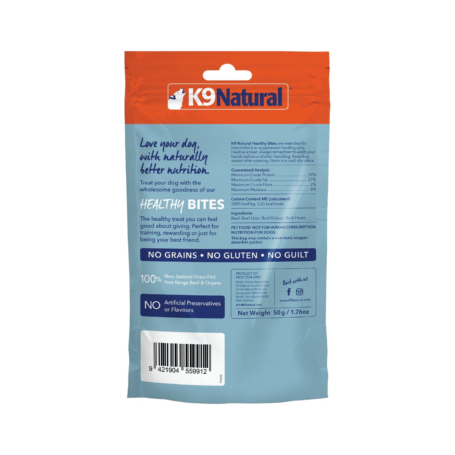 K9 Natural Grain-Free Freeze-Dried Dog Treats, Beef Bites 50g - Tuck In Healthy Pet Food & Animal Natural Health Supplies