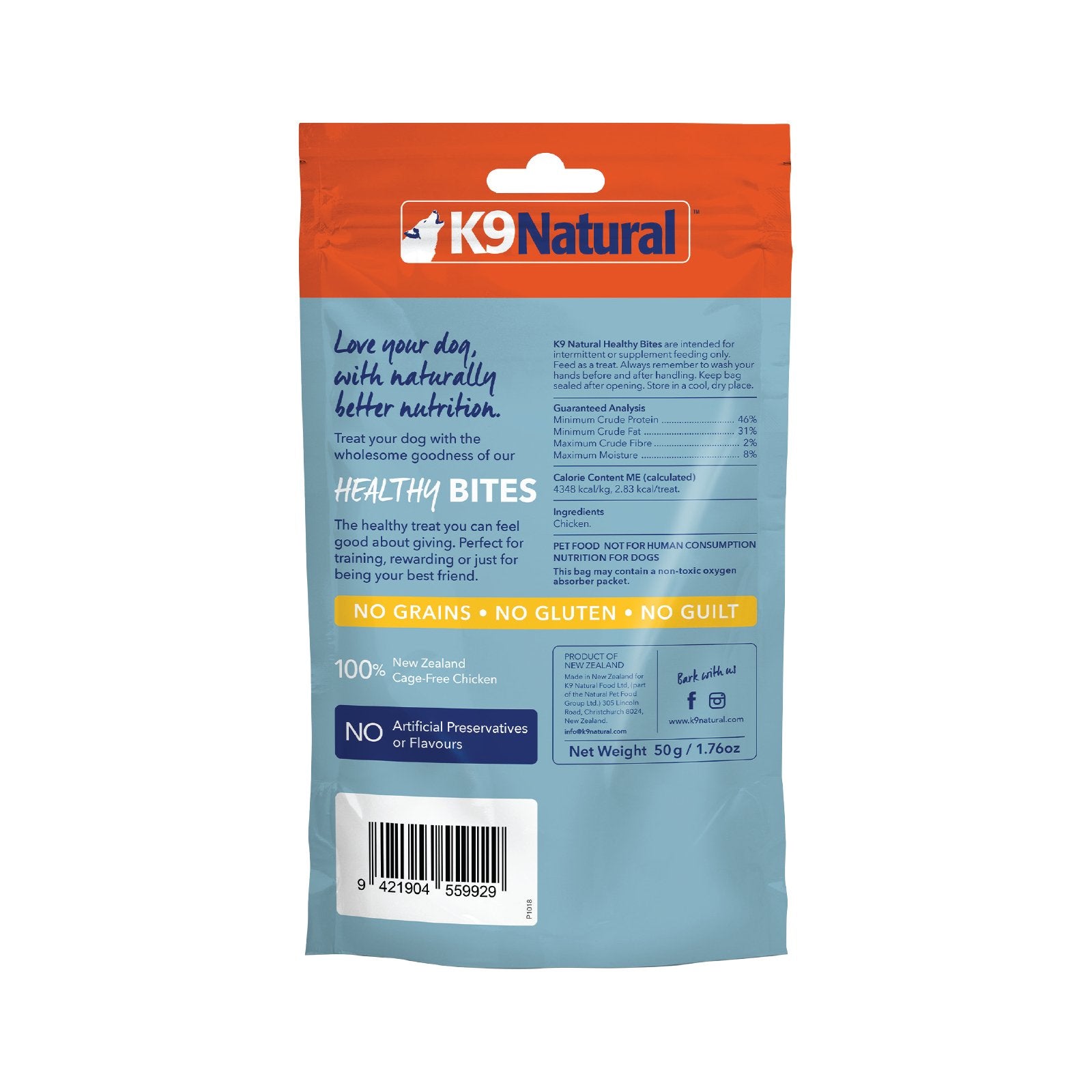 K9 Natural Grain-Free Freeze-Dried Dog Treats, Chicken Bites 50g - Tuck In Healthy Pet Food & Animal Natural Health Supplies