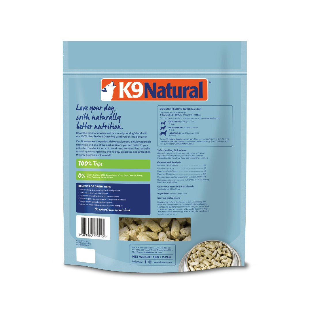 K9 Natural Grain-Free Frozen Dog Food Supplement Booster, Lamb Green Tripe 1kg - Tuck In Healthy Pet Food & Animal Natural Health Supplies