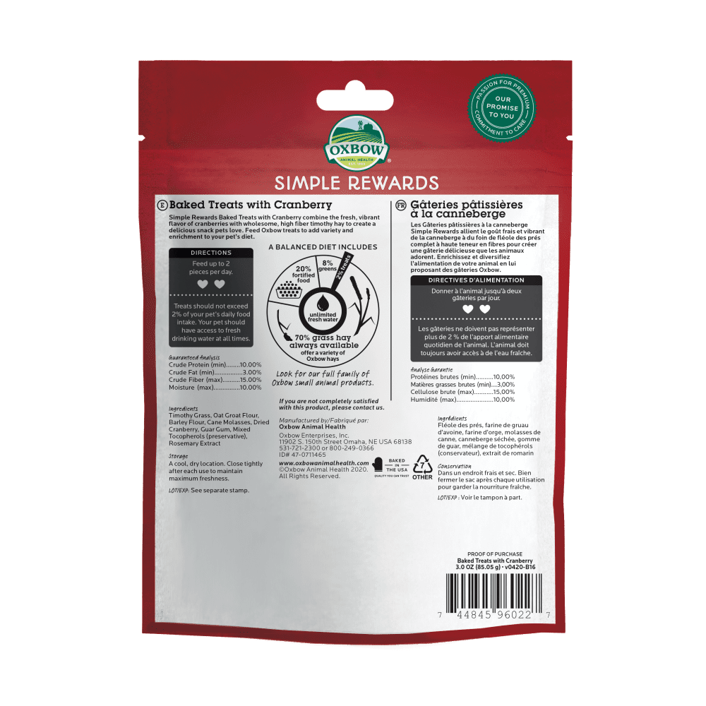 Oxbow Simple Rewards Baked Treat with Cranberry - Tuck In Healthy Pet Food & Animal Natural Health Supplies